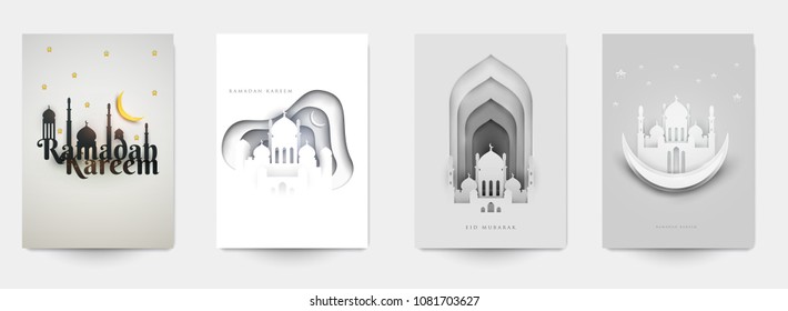Ramadan kareem islamic beautiful design template. Minimal composition in paper cut style. Set holiday background for branding greeting card, banner, cover, flyer or poster. Vector illustration.