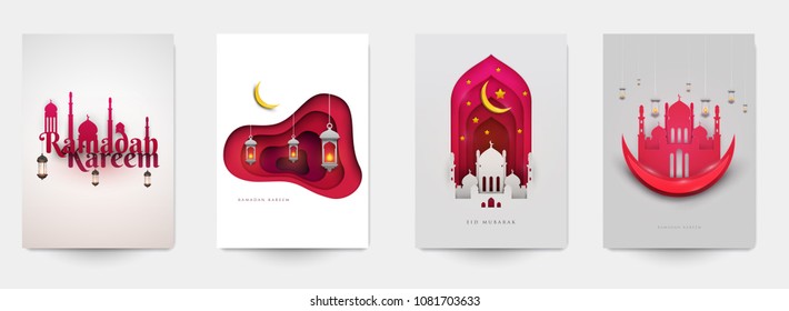 Ramadan kareem islamic beautiful design template. Minimal composition in paper cut style. Set holiday background for branding greeting card, banner, cover, flyer or poster. Vector illustration.