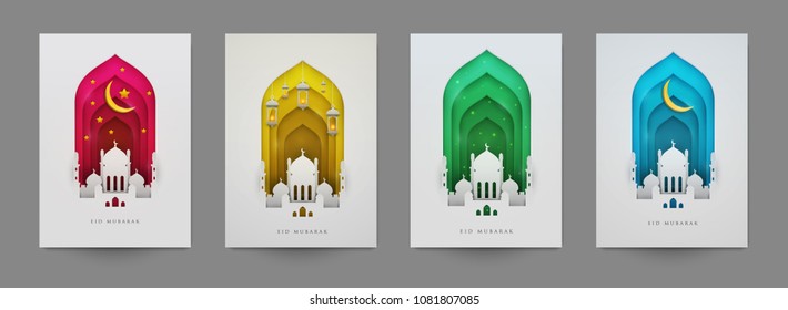 Ramadan kareem islamic beautiful design template. Minimal composition in paper cut style. Set holiday background for branding greeting card, banner, cover, flyer or poster. Vector illustration.