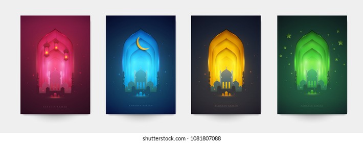 Ramadan kareem islamic beautiful design template. Minimal composition in paper cut style. Set holiday background for branding greeting card, banner, cover, flyer or poster. Vector illustration.