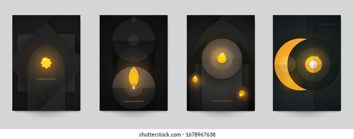 Ramadan kareem islamic beautiful design template. Minimal composition in paper cut style. Set holiday background for branding greeting card, banner, cover, flyer or poster. Vector illustration.