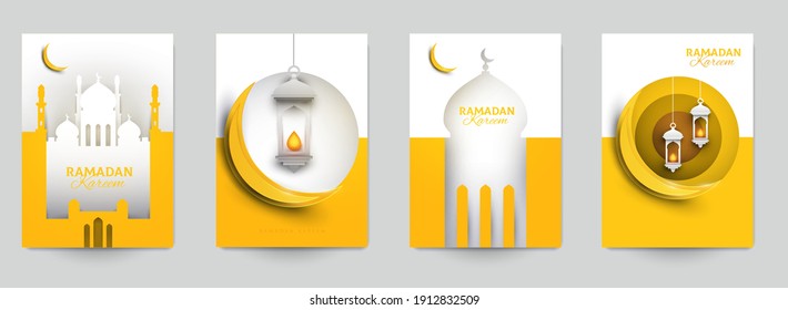 Ramadan kareem islamic beautiful design template. Minimal composition in paper cut style. Set holiday background for branding greeting card, banner, cover, flyer or poster. Vector illustration.