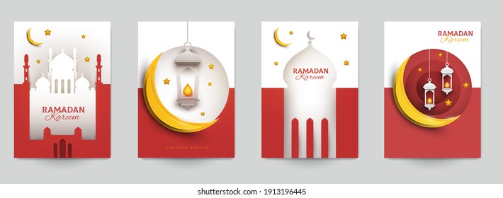 Ramadan kareem islamic beautiful design template. Minimal composition in paper cut style. Set holiday background for branding greeting card, banner, cover, flyer or poster. Vector illustration.