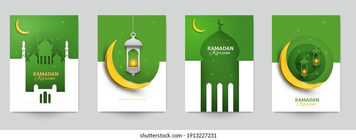 Ramadan kareem islamic beautiful design template. Minimal composition in paper cut style. Set holiday background for branding greeting card, banner, cover, flyer or poster. Vector illustration.