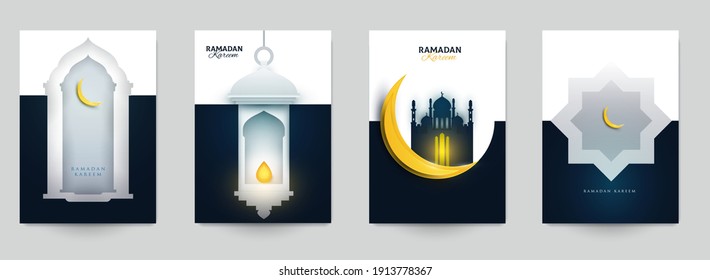Ramadan kareem islamic beautiful design template. Minimal composition in paper cut style. Set holiday background for branding greeting card, banner, cover, flyer or poster. Vector illustration.