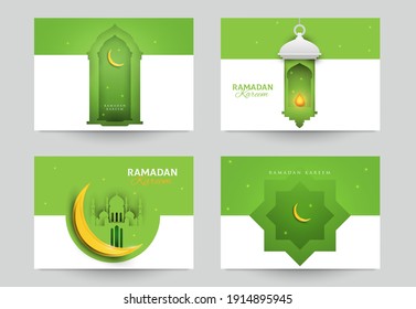 Ramadan kareem islamic beautiful design template. Minimal composition in paper cut style. Set holiday background for branding greeting card, banner, cover, flyer or poster. Vector illustration.