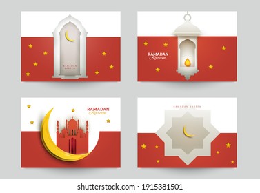 Ramadan kareem islamic beautiful design template. Minimal composition in paper cut style. Set holiday background for branding greeting card, banner, cover, flyer or poster. Vector illustration.