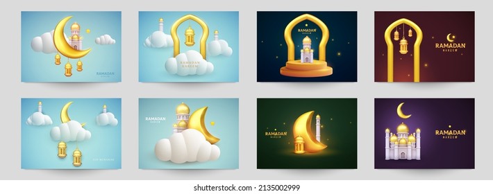 Ramadan kareem islamic beautiful design template. Minimal composition in 3d realistic style. Set holiday background for branding greeting card, banner, cover, flyer or poster. Vector illustration.