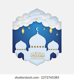 Ramadan kareem islamic beautiful design template. Minimal composition in paper cut style. Design for greeting card, banner or poster. Translation Ramadan Kareem. Vector illustration.