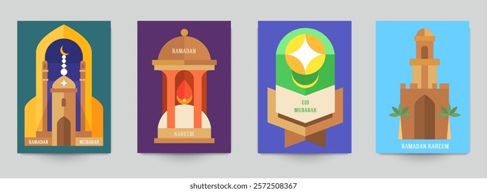 Ramadan kareem islamic beautiful design template. Minimal composition in geometric bauhaus style. Set holiday background for branding card, banner, cover, flyer or poster. Vector illustration.