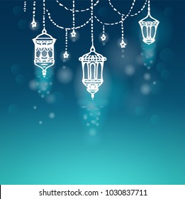 Ramadan kareem (islamic blessed month). Shiny Beautiful card, banner, template. Hanging lanterns, stars. Shiny islamic background. Vector illustration EPS10. 