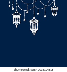 Ramadan kareem (islamic blessed month). Beautiful card, banner, template. Hanging lanterns, stars. Islamic background for Eid al Fitr and Eid al Adha (islamic holidays). Vector illustration EPS10. 