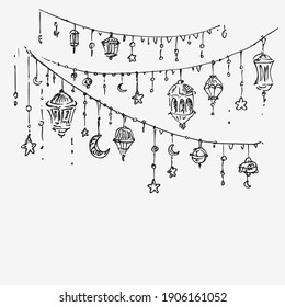 Ramadan Kareem (islamic blessed month) vector background. Islamic holiday garland, bunting with arabic lamps. Hand drawn sketch.