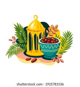 Ramadan Kareem (islamic Blessed Month) Vector Illustration. Islamic Food, Middle Eastern Lantern, Dates Fruit, Palm Leaves. Iftar And Suhoor (arabic Food) Meal.