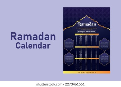 Ramadan Kareem Islamic calendar template and sehri ifter time schedule	