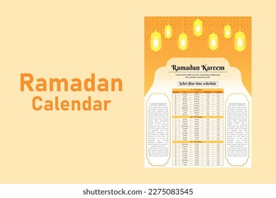 Ramadan Kareem Islamic calendar template and sehri ifter time schedule