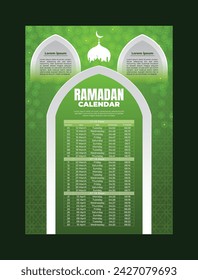 Ramadan kareem islamic calendar template and sehri ifter time schedule 2024