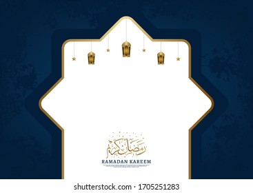 Fondo de caligrafía de Ramadan Kareem. Hermoso diseño estrella lunar media luna, y linterna. Ilustración moderna de vectores