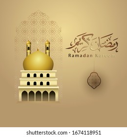 Ramadan kareem Islamic calligraphy greeting card designs with luxury Islamic lanterns, vector mosques and Islamic patterns.