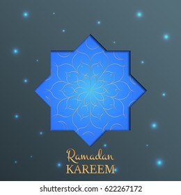 Ramadan Kareem islamic card. Arabian background with shiny stars, gold flower pattern and typography