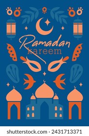 Ramadan Kareem. Islamic card, banner with greetings, vector ornament of minimal illustrations of mosque, crescent, lantern, plants, flowers. Flat boho oriental style.