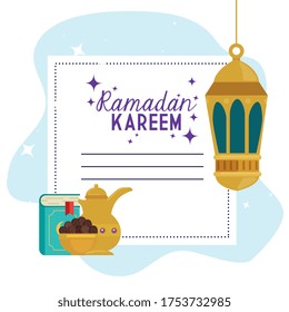 ramadan kareem islamic card, golden lanterns hanging with golden objects vector illustration design