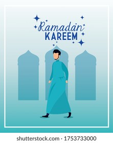 ramadan kareem islamic card, man muslim walking vector illustration design