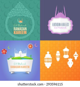 Ramadan Kareem, Islamic Concept Background Set. Vector Design - Arabic "Eid Mubarak", "be Blessed" at English