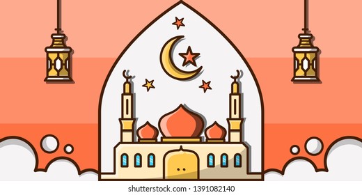 Ramadan Kareem Islamic concept banner with mosque, crescent moon, lantern, star,  template islamic ornate greeting card vector, for banner, flyer, greeting card, and more.