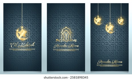 Ramadan Kareem islamic crescent and star on arabic pattern background for banner greeting card