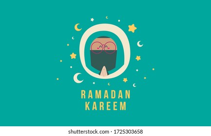 Ramadan Kareem Islamic Cute Muslim Hiqab Girl Character. Cartoon Vector Illustration.
