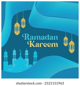 Ramadan Kareem with Islamic decoration. Mosque and lanterns for Islamic Holidays. Ramadan concept. Flat vector illustration.