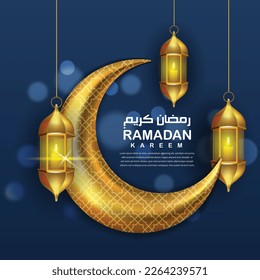 Ramadan kareem islamic design with 3d crescent moon and realistic islamic lantern vector