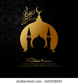 Ramadan kareem, Islamic design with arabic calligraphy and mosque silhouette isolated on black background. - Translation of arabic calligraphy : Ramadan Kareem.