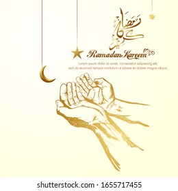 Ramadan kareem, Islamic design with arabic calligraphy and Sketch of a praying hand. - Translation of arabic calligraphy : Ramadan Kareem.