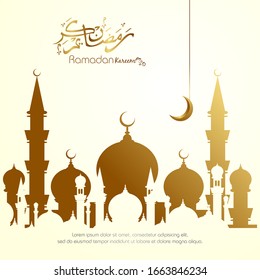 Ramadan kareem, Islamic design with arabic calligraphy and mosque silhouette isolated on white background.
 - Translation of arabic calligraphy : Ramadan Kareem.
