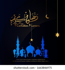 Ramadan kareem, Islamic design with arabic calligraphy and mosque silhouette isolated on black background.
 - Translation of arabic calligraphy : Ramadan Kareem.