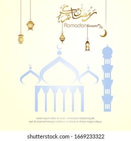 Ramadan kareem, Islamic design with arabic calligraphy and mosque silhouette isolated on white background. - Translation of arabic calligraphy : Ramadan Kareem.