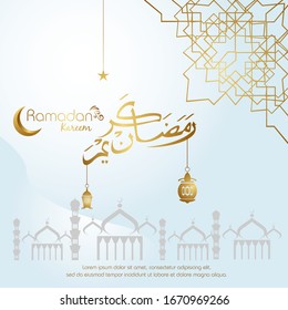 Ramadan kareem, Islamic design with arabic calligraphy and mosque silhouette isolated on white background.
 - Translation of arabic calligraphy : Ramadan Kareem.