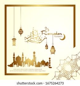 Ramadan kareem, Islamic design with arabic calligraphy and mosque silhouette isolated on white background.
 - Translation of arabic calligraphy : Ramadan Kareem.