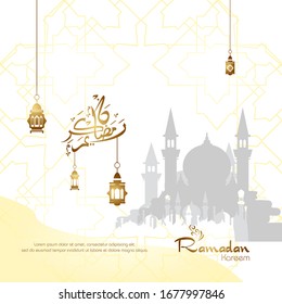 Ramadan kareem, Islamic design with arabic calligraphy and mosque silhouette isolated on white background.
 - Translation of arabic calligraphy : Ramadan Kareem.