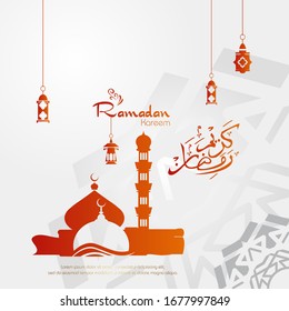 Ramadan kareem, Islamic design with arabic calligraphy and mosque silhouette isolated on white background.
 - Translation of arabic calligraphy : Ramadan Kareem.