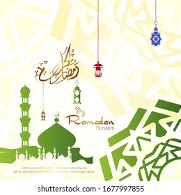 Ramadan kareem, Islamic design with arabic calligraphy and mosque silhouette isolated on white background.
 - Translation of arabic calligraphy : Ramadan Kareem.