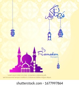 Ramadan kareem, Islamic design with arabic calligraphy and mosque silhouette isolated on white background.
 - Translation of arabic calligraphy : Ramadan Kareem.