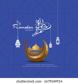 Ramadan kareem, Islamic design with arabic calligraphy and mosque silhouette isolated on purple background.
 - Translation of arabic calligraphy : Ramadan Kareem.