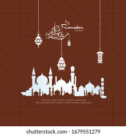 Ramadan kareem, Islamic design with arabic calligraphy and mosque silhouette isolated on brown background.
 - Translation of arabic calligraphy : Ramadan Kareem.