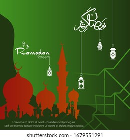 Ramadan kareem, Islamic design with arabic calligraphy and mosque silhouette isolated on green  background.
 - Translation of arabic calligraphy : Ramadan Kareem.