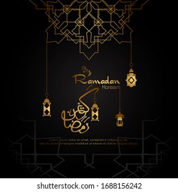 Ramadan kareem, Islamic design with arabic calligraphy and pattern isolated on black background.
 - Translation of arabic calligraphy : Ramadan Kareem.