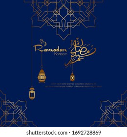 Ramadan kareem, Islamic design with arabic calligraphy and pattern isolated on blue background.
 - Translation of arabic calligraphy : Ramadan Kareem.