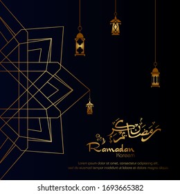 Ramadan Kareem, islamisches Design mit arabischer Kalligrafie und Muster einzeln auf schwarzem Hintergrund.
 - Übersetzung der arabischen Kalligrafie:Ramadan Kareem.